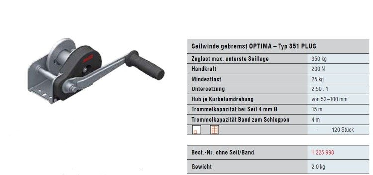 AL-KO 351 OPTIMA Seilwinde Bootswinde Handseilwinde 350 kg